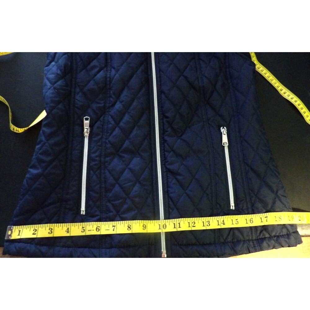 Black Rivet Navy Blue GIII Puffer Quilted Vest Faux Fur Trimmed Hood Sm Pockets - Picture 12 of 16